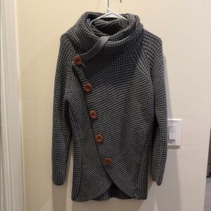 Elegant Charcoal Buttoned Women's Turtleneck Sweater